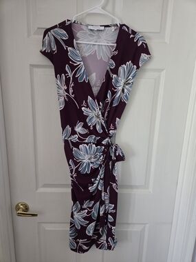 Lark & Ro Plum Floral Dress with Blue & White Blooms
